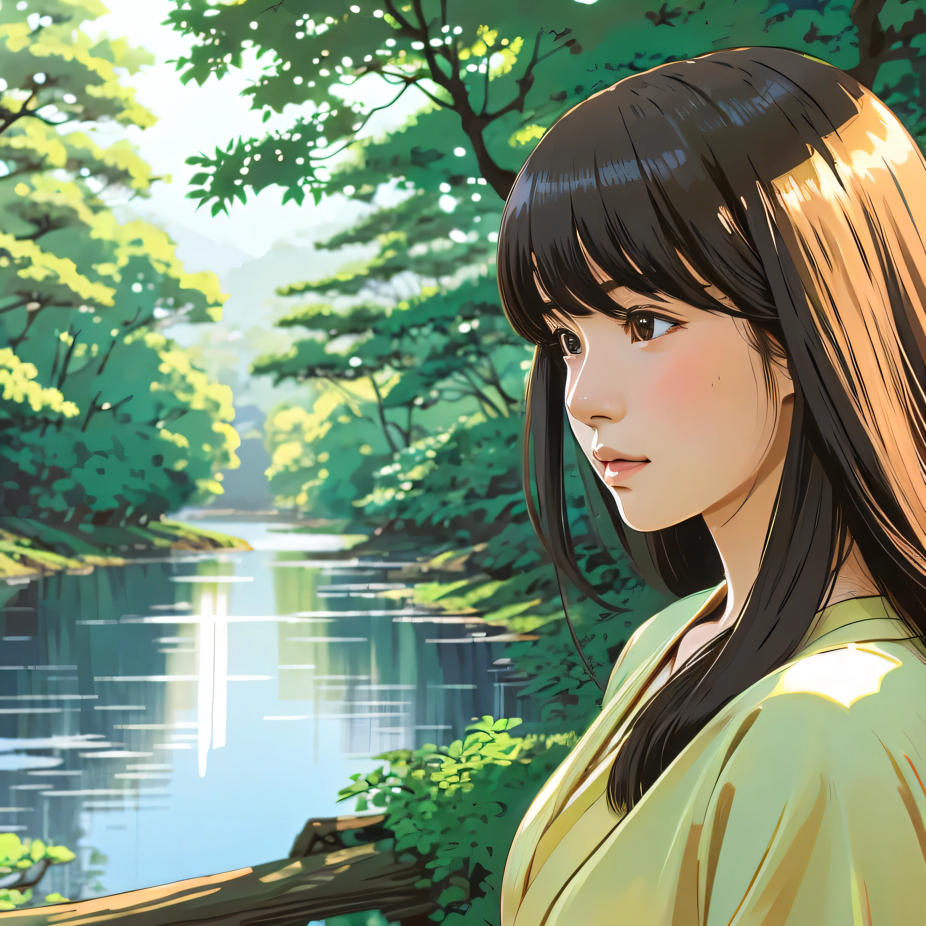 Illustration style、Ukiyo-e、Showa Anime、Woman looking this way、Japanese、The morning sun is shining in the background、Makoto Shinkai style、May、I can see a forest in the distance、 (highest quality, Ultra-detailed, Portraiture, Natural light)
