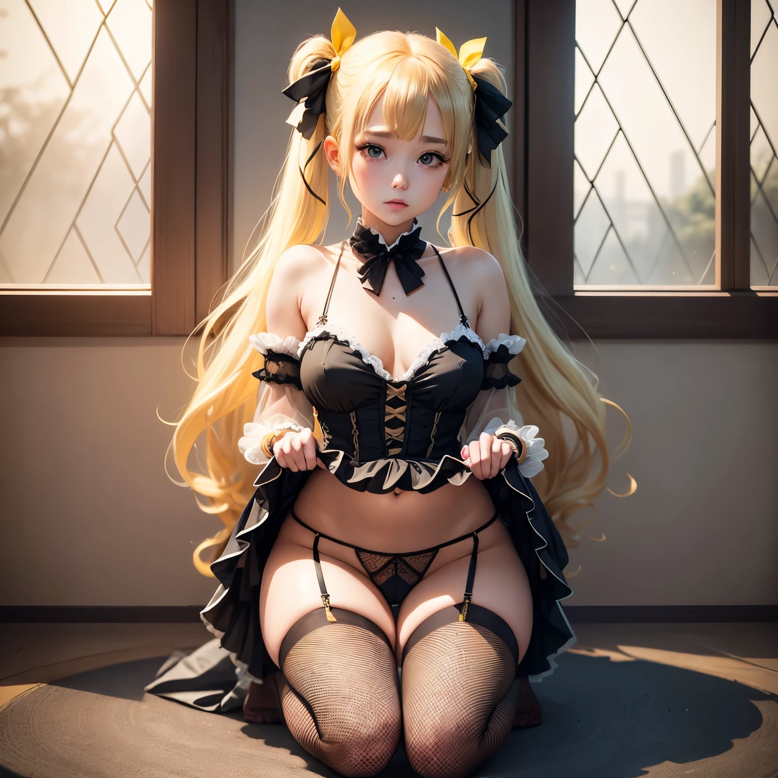 Blonde、Beautiful young woman、Twin tails、Yellow ribbon hair accessory、Beautiful five fingers、Black fishnet stockings、Sheer clothing、Exposed skin、Transparent panties、Kneeling