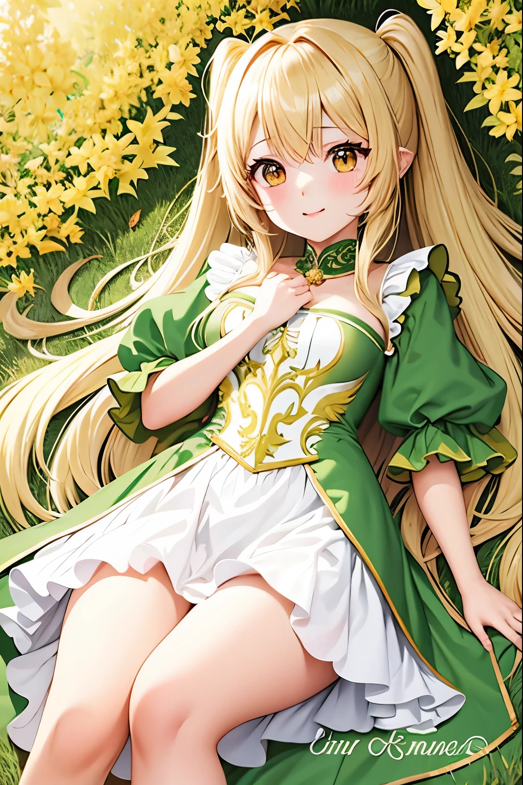 Elfa de anime cabelo loiro dourado, olhos verdes esmeralda, usa magia , roobin verde roupas verdes com branco e detalhes em dourado 