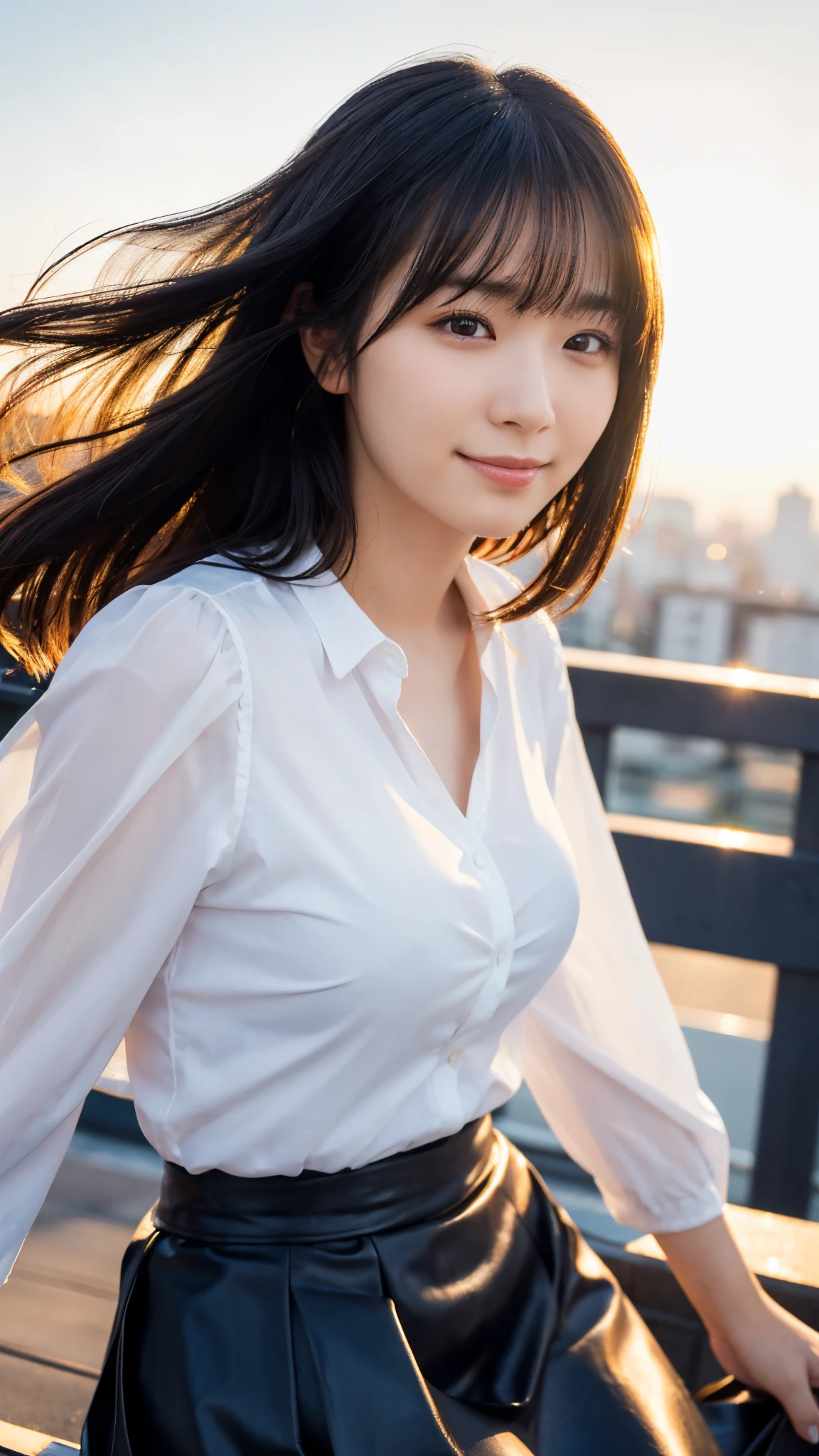 (highest quality,masterpiece:1.3,Ultra-high resolution),(Super detailed,Caustics,8k),(Photorealistic:1.4,RAW shooting),Japanese,23 years old,cute,Are standing,(A big smile),(Looking into the camera),Black Hair Middle Hair,Big Breasts,White blouse,Knee-length skirt,Strong winds,Hair blowing in the wind,Rooftop,Backlight,Sunset,Sunset sky,(Bust up shot),(Face Focus:1.1),(Face close up:1.1),Low position,Low - Angle,Natural light