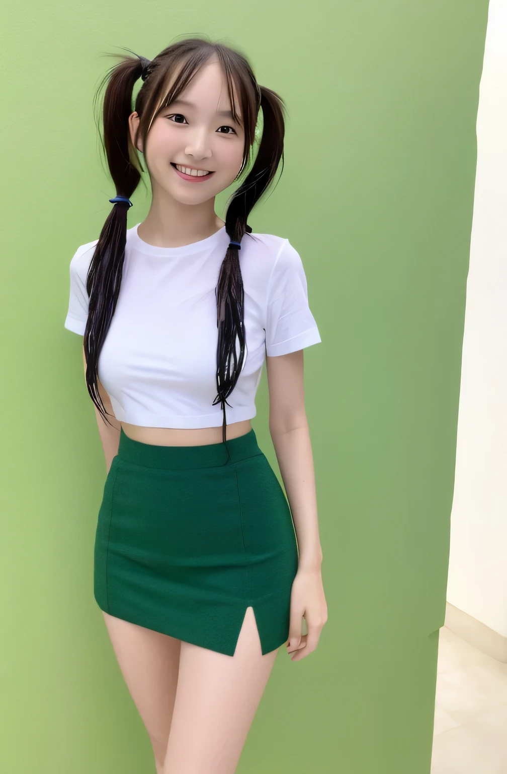 ((Ultra-high resolution)),8K,16 years old、Small breasts, , Twin tails, Green mini skirt, White shirt, Front opening of the shirt,Idol Sculpture, Wet, smile、Pink wall、sexy、slender、Shapely small breasts