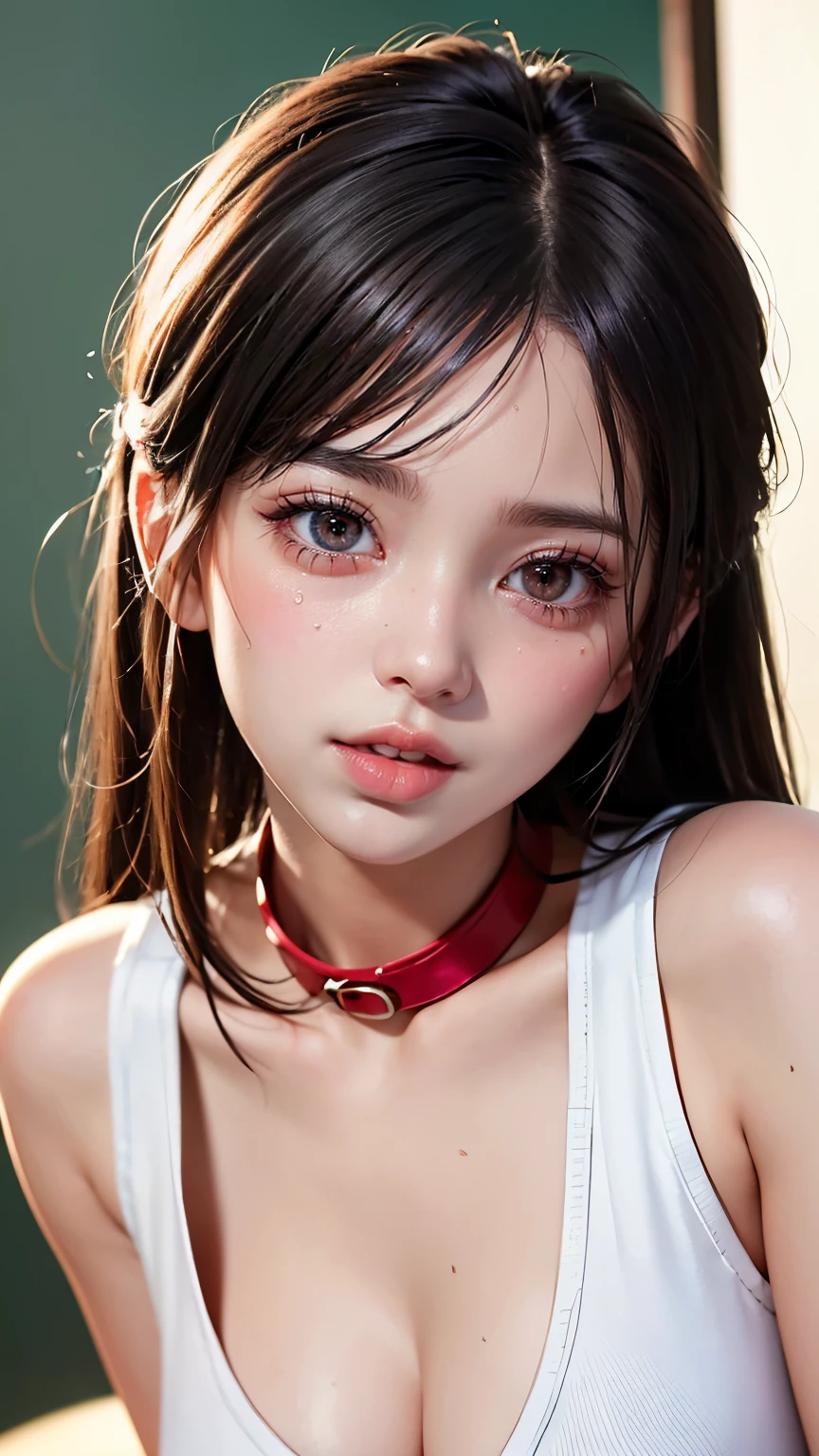 Close-up, (neon, night view, Dutch angle, from above, strapless: 1.3), masterpiece, top quality, raw photo, photorealistic, off-shoulder, red lace dress, red choker, reddish-purple eyes, up, upper body, cleavage, face light, shiny skin, film grain, chromatic aberration, absurdity, high resolution, ultra detail, detail, detailed eyes and face, Sharp pupils, realistic pupils, sharp focus, sweating, wet skin, shyness, red cheeks, embarrassment