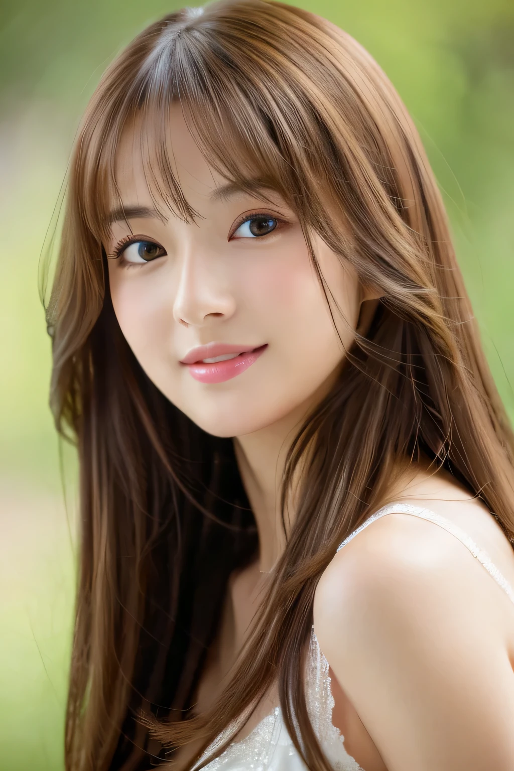 (((8ｋ,Attention to detail,Attention to detail、highest quality，masterpiece,Attention to detail,))),RAW Photos & Realistic atmosphere,Beautiful dark eyes,Mouth Details,Glossy Lips,Thin eyebrows,beautiful Eyes、Soft white skin that shines in every detail、Her deep black eyes are very beautiful, Very beautiful face,Very beautiful face、A vivid face,beautiful, Glowing Lips,beautiful Eyebrows,Infinite Reality, Realistic Young Gravure Idol,Very cute woman , Young Gravure Idol, Young Gravure Idol, とても美しくてかわいいbeautiful 21 year old beauty,Incredibly beautiful and elegant，beautiful 21 year old beauty,Natural soft light,A little brown hair，（Shiny Hair,,beautiful and kind eyes：1.5）,A kind smile,Shapely breasts,Medium Long Hair,beautiful posture,No makeup,Watching the Future,
