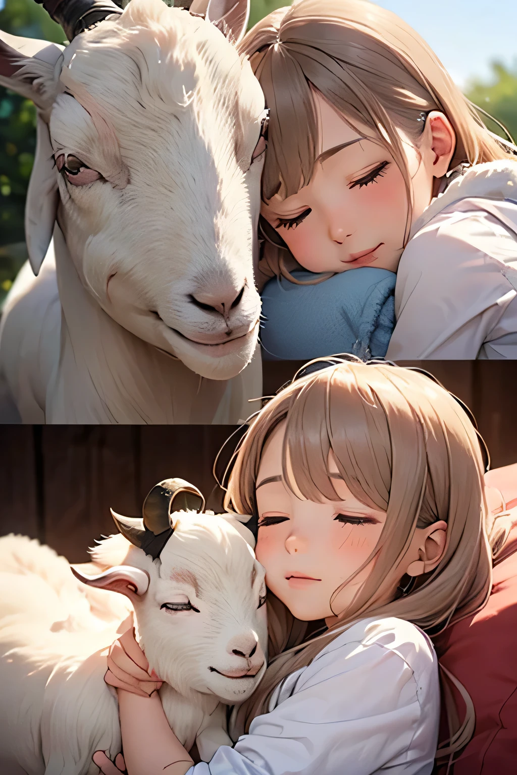 highest quality、High resolution、Detailed Background、(Beautiful face in every detail:1.4)、Anatomically correct、(Draw the usual number of fingers:1.2)、(Detailed facial expressions)、Beautiful women in their 20s、(Highly detailed face:1.4)、Feeling warmth and happiness、Adorable moments between people and animals、A field with a blue sky、
(A beautiful woman and a baby goat are sleeping together, sharing a sense of security and love with each other.:1.5)、
Lying on the lap of a beautiful woman、
That is soft、The fluffy fur brings comfort to the little girl's hands every time it touches them.、
The beautiful girl rests her head on the baby goat's belly and slowly falls asleep, feeling safe and secure.、
The wind blows gently、Flowers around々is swaying gracefully、
In this tranquil setting, the beautiful girl and the baby goat share a comfortable warmth and bond.