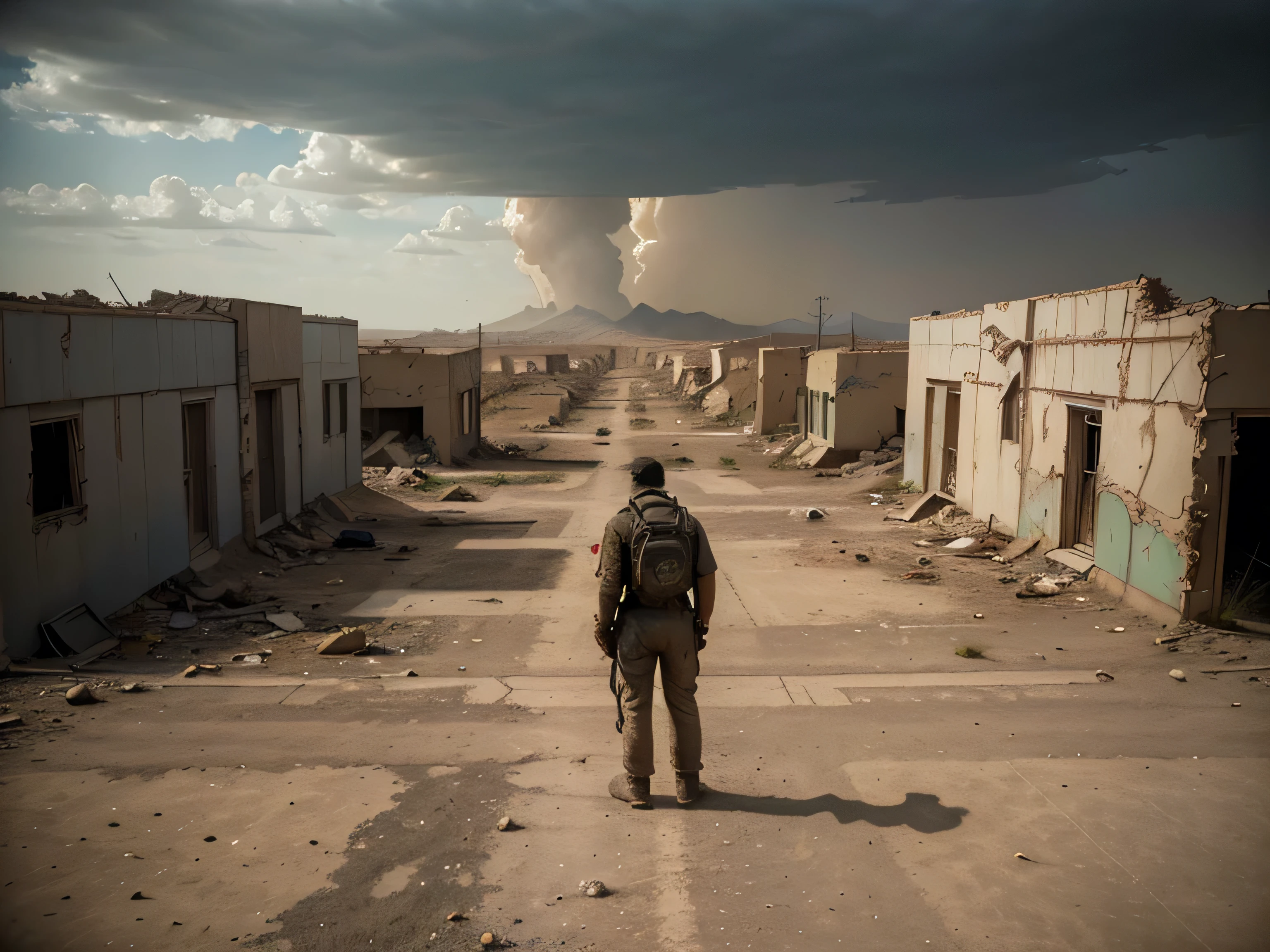 (best quality,4k,8k,highres,masterpiece:1.2),ultra-detailed,(realistic,photorealistic,photo-realistic:1.37),post-apocalyptic,deserted,wasteland,fallout style,ruined motel sign,broken neon lights,dusty atmosphere,dilapidated buildings,sandstorm approaching,billboard-covered with graffiti,dry and cracked ground,abandoned vehicles,lonely figure in tattered clothes,struggling to survive,piles of debris,hazy distance,desolate landscape,dystopian future,ominous clouds gathering,dying vegetation,decimated civilization,scorching sun,decay and corrosion,ruins of human existence,apocalyptic aftermath,bleak and desolate setting,forlorn and abandoned feeling,dust-covered windows,smoke rising on the horizon,vast emptiness and silence,doom and gloom,desert wasteland,haunting ambiance,remains of a forgotten age,ruined dreams of a once-thriving place,post-nuclear devastation,harsh and unforgiving environment.