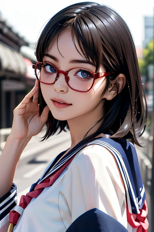 (masterpiece, highest quality), One Girl, Satou, Satou, Glasses, 赤いフレームのGlasses, Sailor suit, Satou, Glasses, 赤いフレームのGlasses,