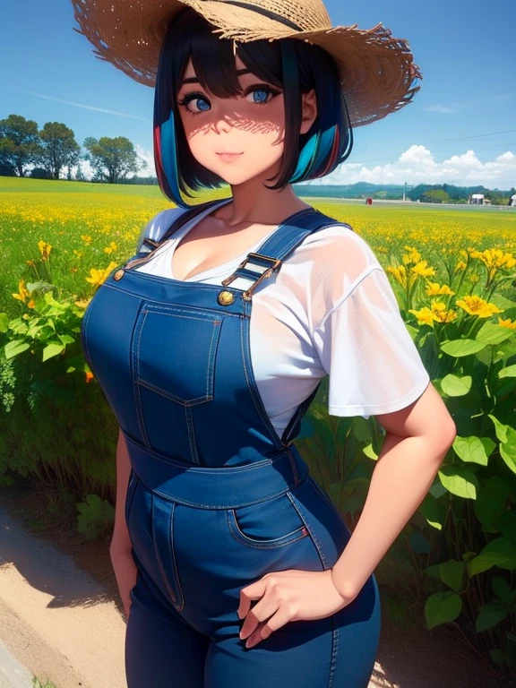 ((masterpiece, best quality, high resolution, UHD, 8k)), cowboy shot, BREAK, short hair, black hair with blue streaks, hair bobcut, brown eyes, well defined eyes, high definition eyes, eyelashes and black shadow under the eyes, blushing, high gloss eyes, looking at the viewer, shiny skin, sharp, Perfect Body Beauty, realistic shaded perfect body, dynamic pose, "(overalls , with white t-shirt)" cleavage, medium breasts , she is wearing a farmer hat , perfect anatomy, BREAK, stand up in a farm with a cow in the background
