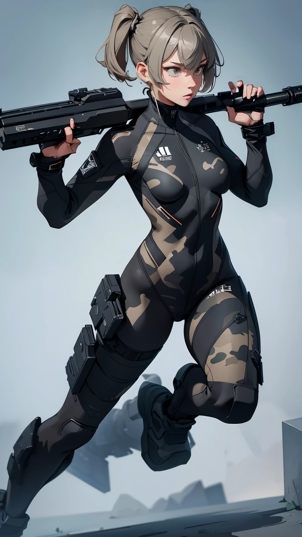 woman, short hair with pigtails, black bicolor hair, camouflage suit, big breasts, combat suit, carries a laser cannon, tight suit, shows her silhouette, neon lines on the suit, skull squad shield, battalion pose, focus Full body, High Definition.