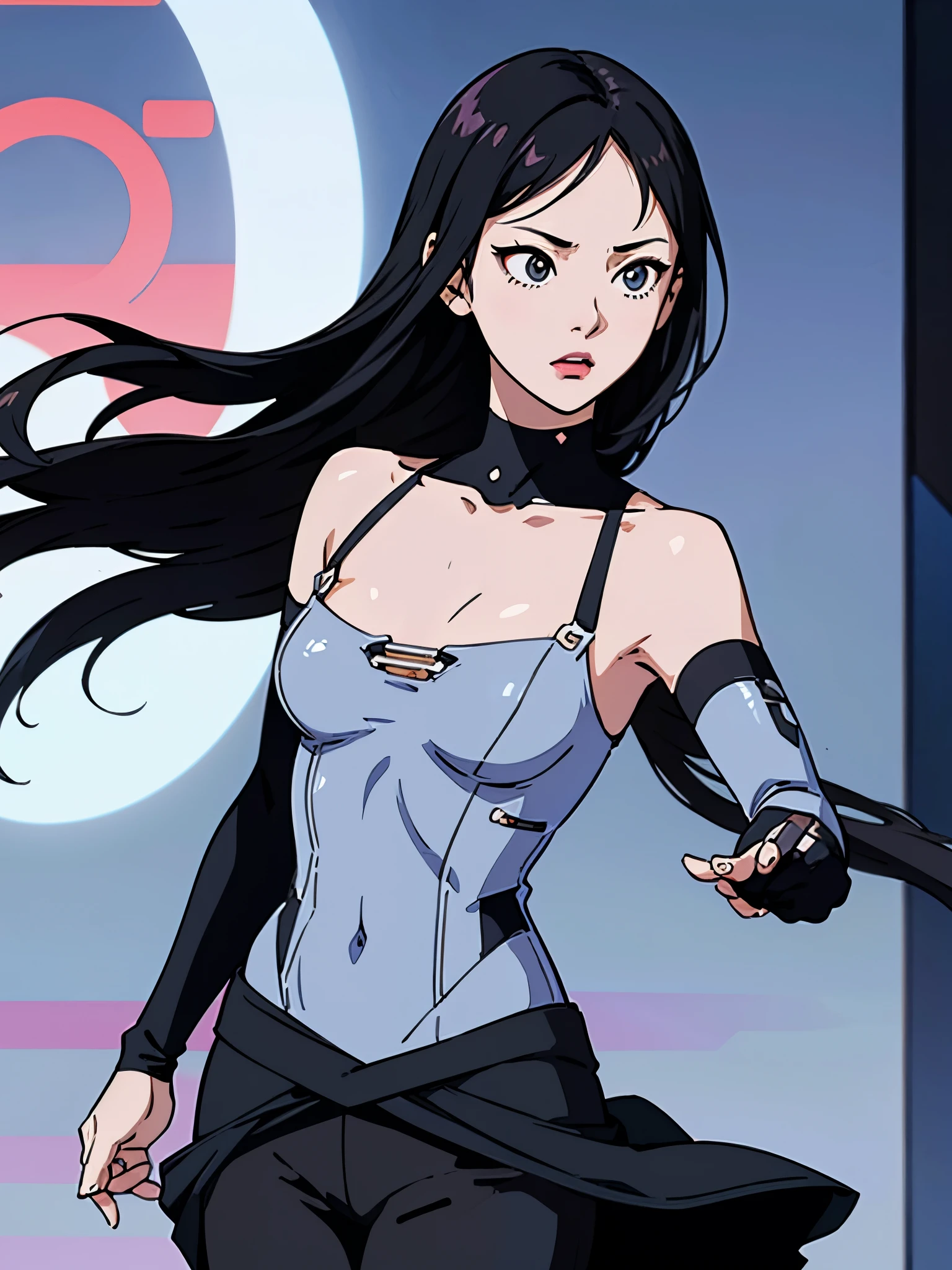 digital art drawing, illustration of (girl, long dark black hair mid part, brown eyes, sexy facial expression, flat chest, light blue corsette, single arm black sleeve, cyberpunk background), anime drawing/art, bold linework, illustration, digital art, masterpiece, flat illustration, no shadows, 8k resolution, high detail, vector art, only anime, perfect eyes, perfect hands, perfect fingers, sharpness, high clarity, medium close up, high fidelity