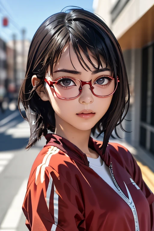 (masterpiece, highest quality), One Girl, Satou, Satou, Glasses, 赤いフレームのGlasses, Under-rim eyewear, Satou, Glasses, 赤いフレームのGlasses, Under-rim eyewear, Track jacket, Track pants