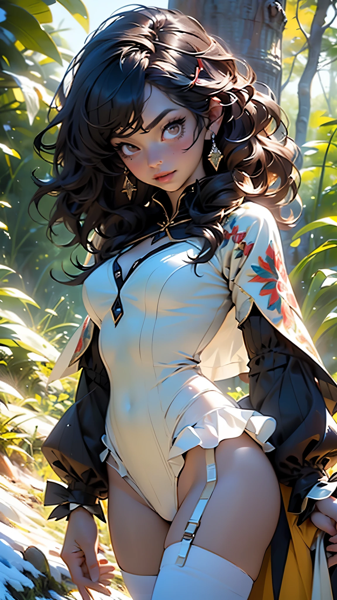 ((((Snow White)))),cute girl,(((1girl))),SnowWhite from "Disney”, 

(large breasts:1.4),(((fluffy hair,black hair,short hair,wavy hair))),(((brown_eyes:1.3))),intricate eyes,beautiful detailed eyes,symmetrical eyes,((fat)),((lustrous skin:1.5,bright skin: 1.5,skin tanned,shiny skin,very shiny skin,shiny body,plastic glitter skin,exaggerated shiny skin,illuminated skin,wet legs))),(spider lower abdomen,narrow waist,wide hip,athletic body,inflated legs, thick thighs,detailed body,(detailed face)),full lips,((1woman is young female, human, beautiful perfect princess face, slender)),curvy,

cute,slutty,seductive,erotic,(((nsfw))),

detailed dress,yellow dress,(hair ribbon,ribbon,bow,red bow,hairband,red hairband),(yellow skirt,micro skirt,side slit),((tight blue corset)),blue shirt,shirt,(bustier,cleavage),((blue sleeves,layered sleeves,long sleeves,puffy short sleeves,puffy sleeves,short over long sleeves,short sleeves)),(cape,red cape),((high collar)),
((white thighhighs,bridal garter)),((frilled leotard,highleg leotard,highleg,blue leotard)),

(dynamic pose:1.0),solo focus,embarrassed,(centered,scale to fit dimensions,Rule of thirds),

((pine forest)),scenery:1.25,((intricate scenery)),((forest background)),

(Glossy pastel ornaments),highres,sharp focus,(ultra detailed,extremely detailed),(photorealistic artwork:1.37),(extremely detailed CG unity 8k wallpaper),(((vibrant colors,vibrant theme))),(intricate),(masterpiece),(best quality),artistic photography,(photography taken by sldr),(intricate background),perfect rendered face,perfect face details,realistic face,photo realistic,((intricate detail)),(((realism))),
