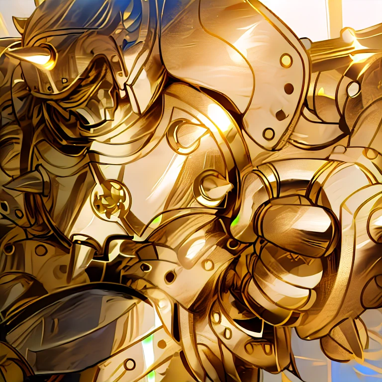 gilded shiny armour, golden armour, heavy golden armour, the golden humanoid robot, heavy gold armour, anime image of a giant robot with a huge smile on his face, solo