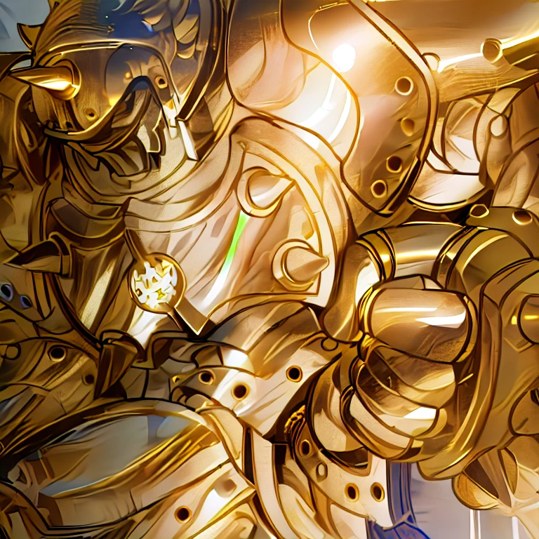 gilded shiny armour, golden armour, heavy golden armour, the golden humanoid robot, heavy gold armour, anime image of a giant robot with a huge smile on his face, solo