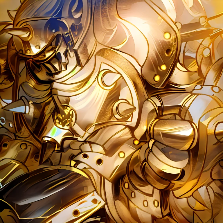 gilded shiny armour, golden armour, heavy golden armour, the golden humanoid robot, heavy gold armour, anime image of a giant robot with a huge smile on his face, solo