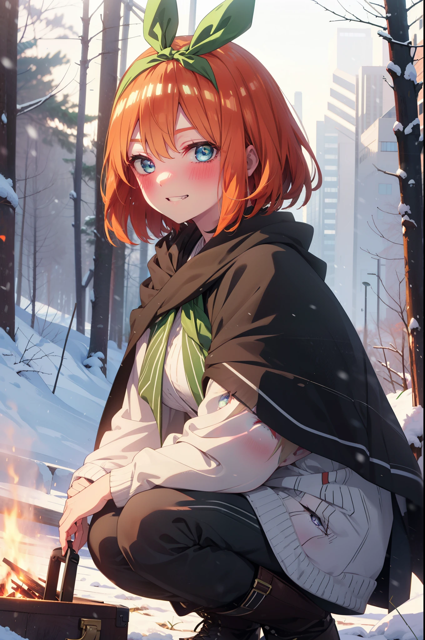 yotsubanakano, Yotsuba Nakano, bangs, short hair, blue eyes, Hair between the eyes, hair ribbon, hair band, Orange Hair, (Green ribbon:1.5), smile, Grin,smile,blush,White Breath,
Open your mouth,snow,Ground bonfire, Outdoor, boots, snowing, From the side, wood, suitcase, Cape, Blurred, Increase your meals, forest, White handbag, nature,  Squat, Mouth closed, フードed Cape, winter, Written boundary depth, Black shoes, red Cape break looking at viewer, Upper Body, whole body, break Outdoor, forest, nature, break (masterpiece:1.2), highest quality, High resolution, unity 8k wallpaper, (shape:0.8), (Beautiful and beautiful eyes:1.6), Highly detailed face, Perfect lighting, Extremely detailed CG, (Perfect hands, Perfect Anatomy),