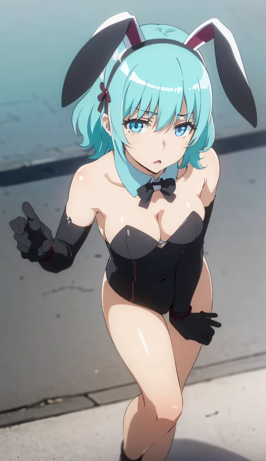 1Girl, solo,aqua hair, medium hair, blue eyes,(((black bunny suit,clavage,bare shoulders,black bunny ears))),short hair