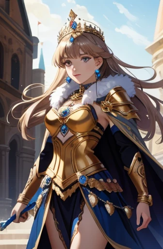 （masterpiece，highest quality，highest quality，Official Art，Beauty and aesthetics：1.2），（One girl），（Warrior Queen Armor，fur cape，Bejeweled crown：1.2），Hall々And