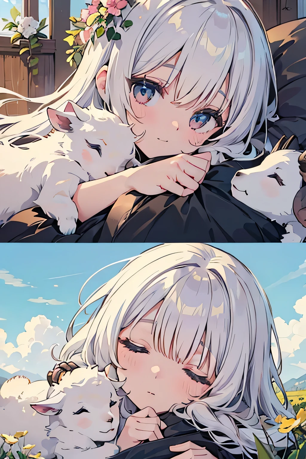 highest quality、High resolution、Detailed Background、(Beautiful face in every detail:1.4)、Anatomically correct、(Draw the usual number of fingers:1.2)、(Detailed facial expressions)、Beautiful women in their 20s、(Highly detailed face:1.4)、Feeling warmth and happiness、Adorable moments between people and animals、A field with a blue sky、
(A beautiful woman and a baby goat are sleeping together, sharing a sense of security and love with each other.:1.5)、
Lying on the lap of a beautiful woman、
That is soft、The fluffy fur brings comfort to the little girl's hands every time it touches them.、
The beautiful girl rests her head on the baby goat's belly and slowly falls asleep, feeling safe and secure.、
The wind blows gently、Flowers around々is swaying gracefully、
In this tranquil setting, the beautiful girl and the baby goat share a comfortable warmth and bond.