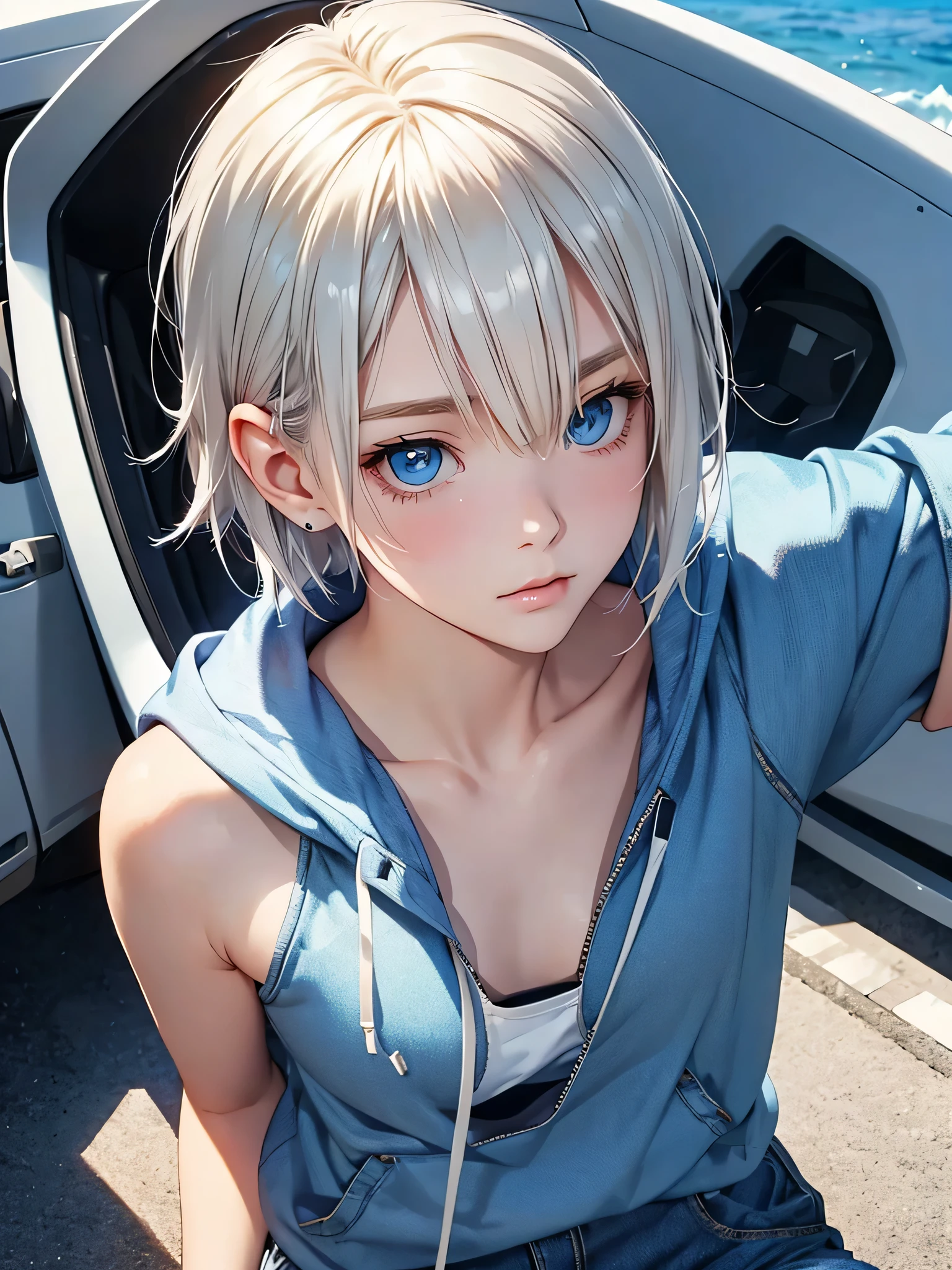 highest quality、Realistic、Women、Japanese、zoom、look up、cute、Ocean、Cobalt blue eyes、Platinum Blonde Hair、Short Hair、Sleeveless hoodie、Denim pants、Face close-up、slender、Small breasts