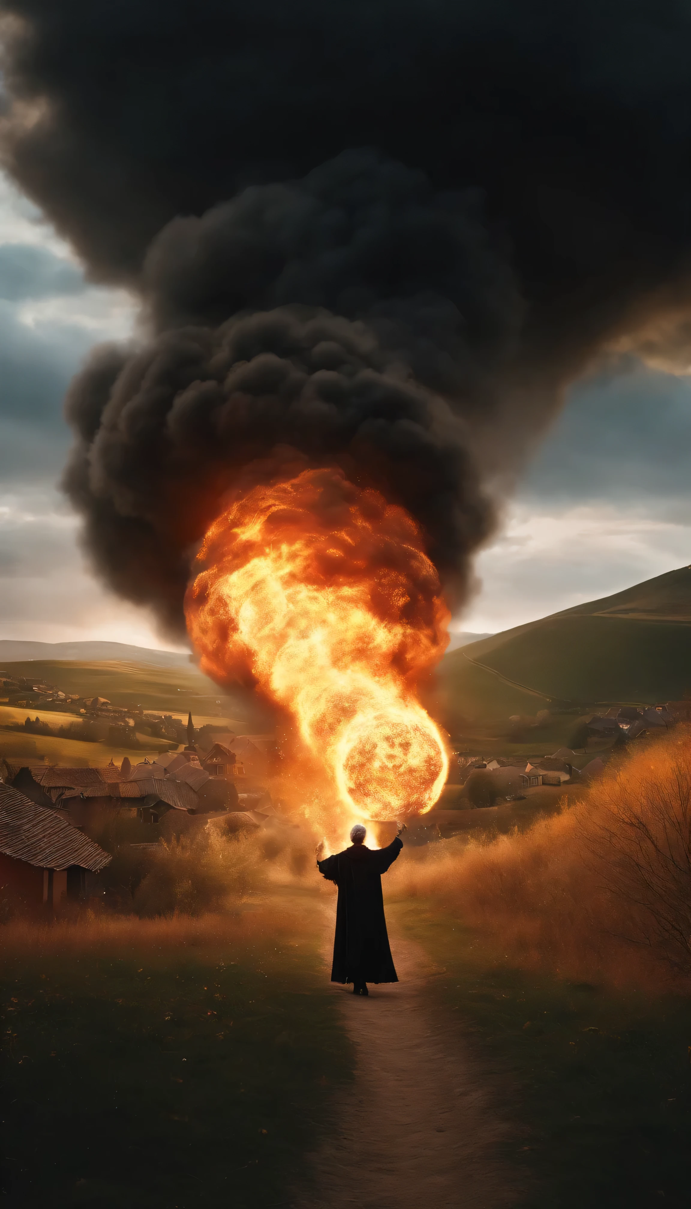 8k, close distance portrait, a male wizard with black clothes and grey short hair from behind, throwing a super massive huge fireball flying toward a village in the distance from hill, with a burning village background the distance