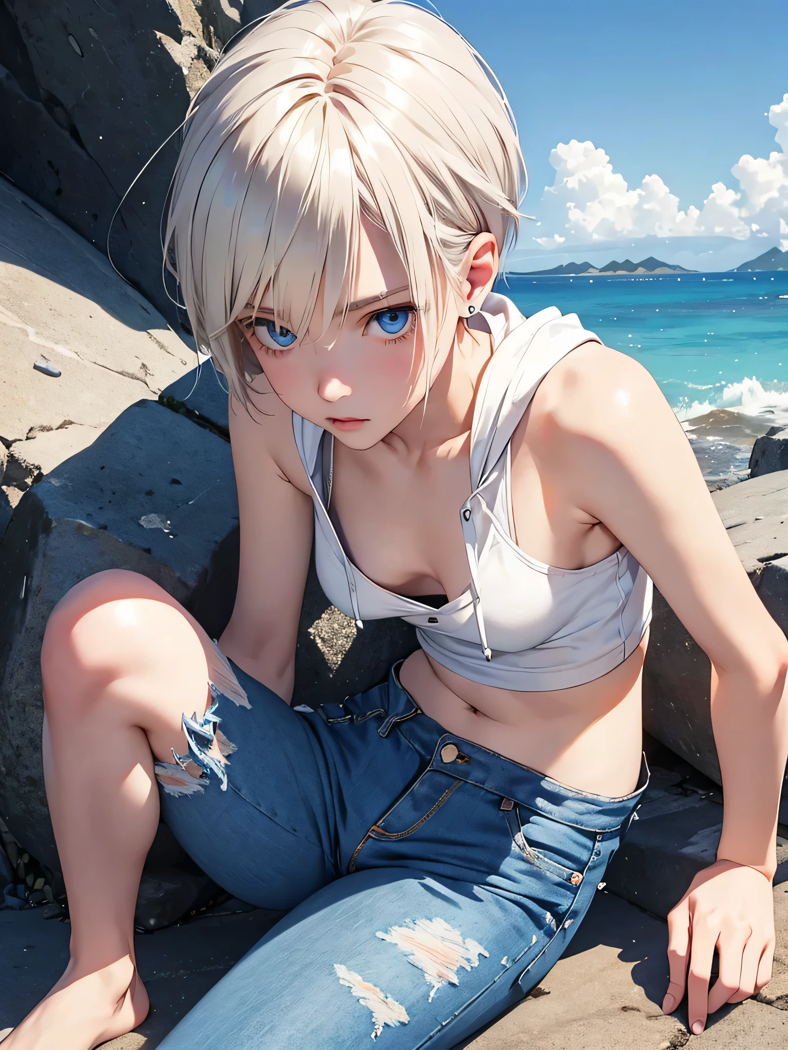 highest quality、Realistic、Women、Japanese、zoom、look up、cute、Ocean、Cobalt blue eyes、Platinum Blonde Hair、Short Hair、Sleeveless hoodie、Denim pants、Face close-up、slender、Small breasts