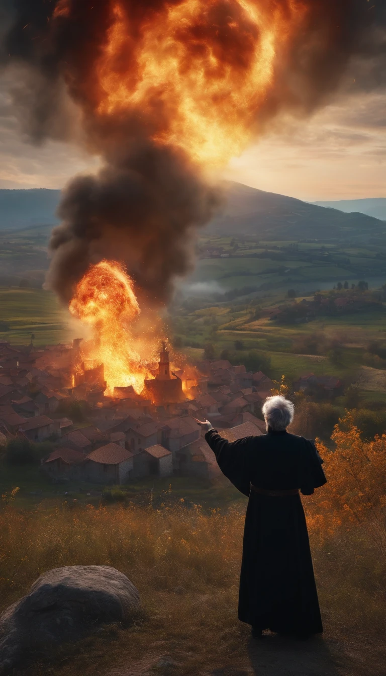 8k, close distance portrait, a male wizard with black clothes and grey short hair from behind, hand pointing to the sky, throwing a super massive huge fireball to a village in the distance from hill, with a burning village background the distance