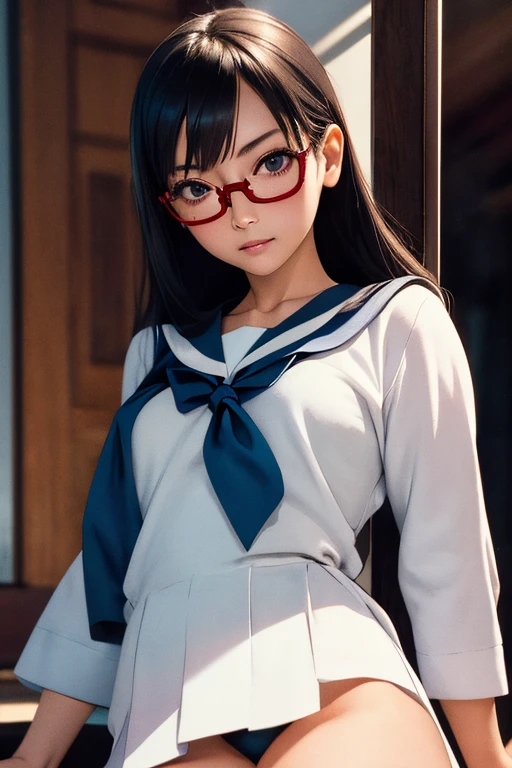 (masterpiece, highest quality), One Girl, Satou, Satou, Glasses, 赤いフレームのGlasses, Sailor suit, Satou, Glasses, 赤いフレームのGlasses,