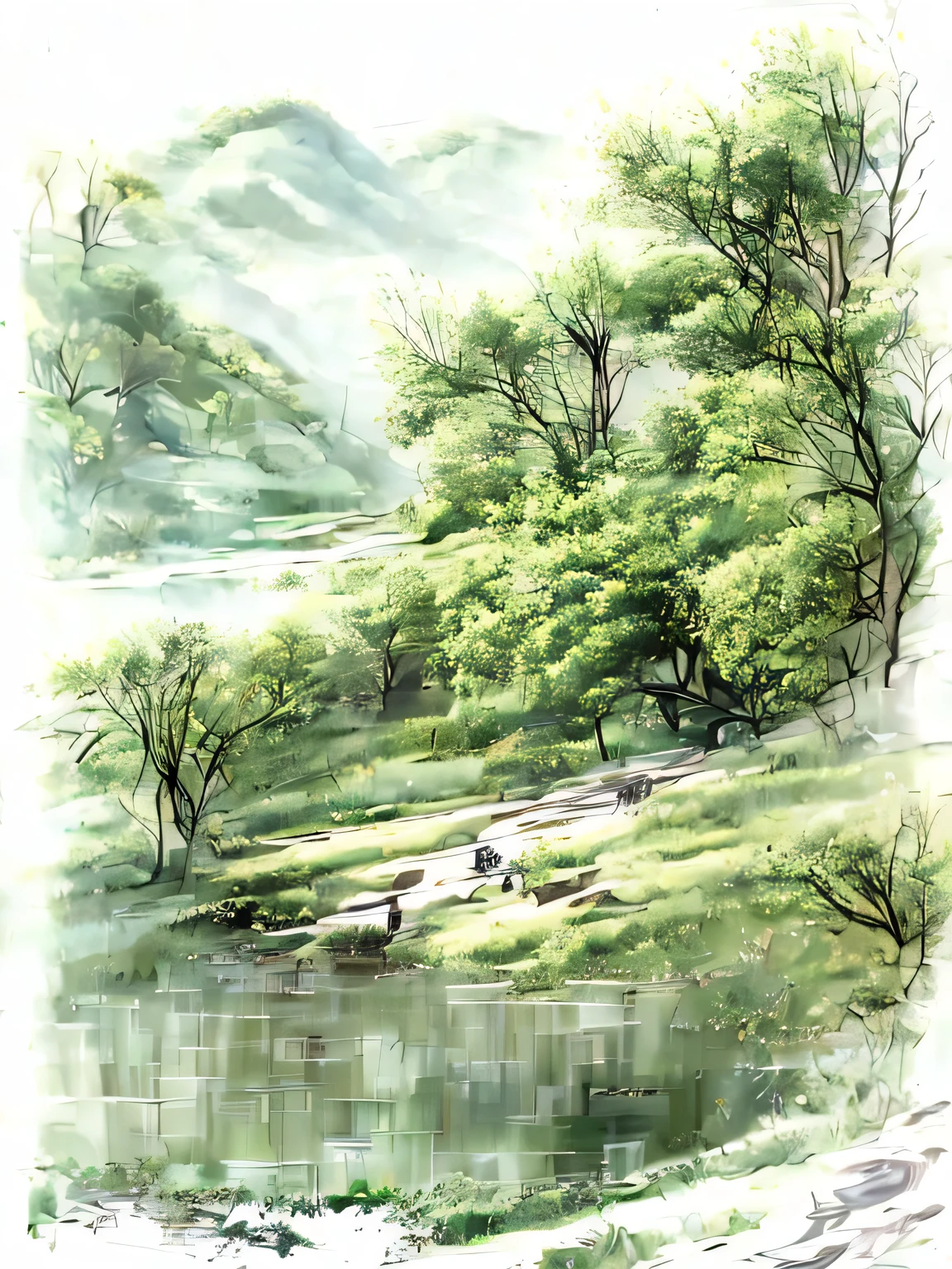 Tea painting with landscape as a background, Chinese painting style, Chinese style, Chinese watercolor style, Very detailed illustrations, Dreamy China, Chinese writing brush pen illustration, Inspired by the quiet and secluded streamside of Yuanjiang River。 There are often birds chirping here.,iris