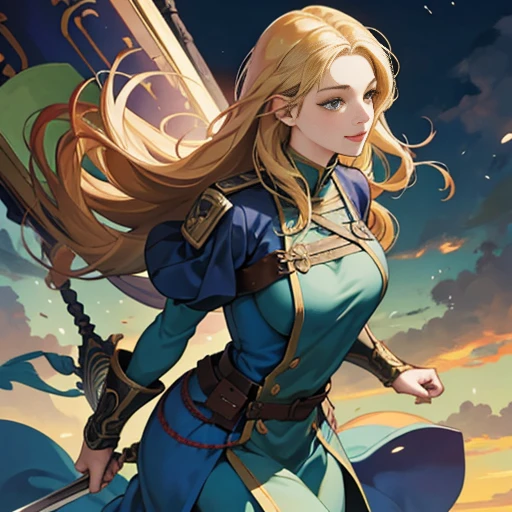 woman in Their 20s、Fantasy World、Official Art, unity 8k wallpaper, Ultra-detailed, beautifully、beautiful, masterpiece, highest quality, Photorealistic、Attention to detail in the costumes、Depth of written boundary, Great atmosphere, Calm palette, Calm mood, Soft Shading、Plump figure、Soft Skin、Big ample breasts、Smile、woman騎士:1.5、woman騎士、Dark green eyes、Blonde、Carrying a very large sword and shield、Don't let the man in:2.0、There is no man:2.0、woman、Claymore