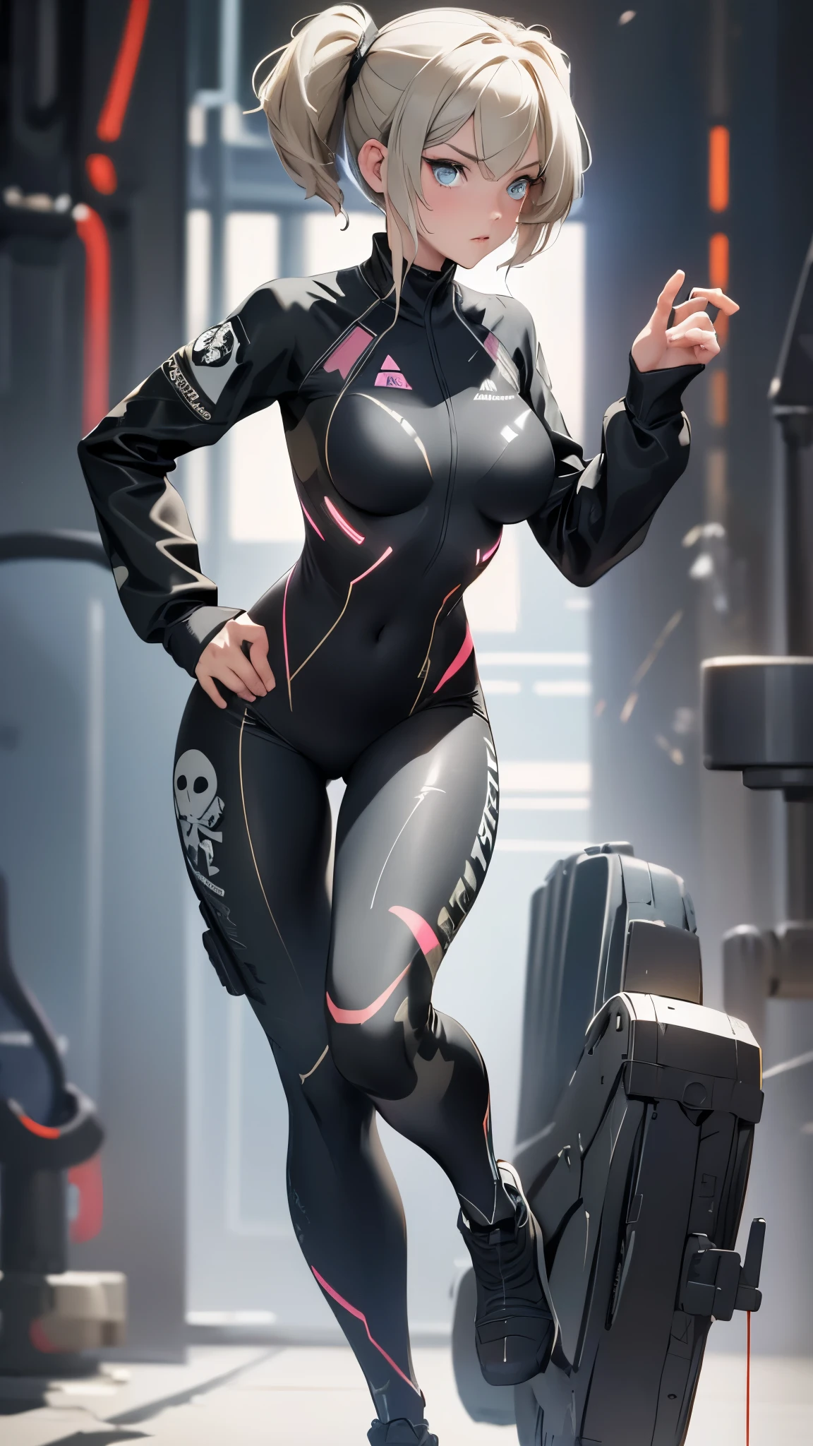 woman, short hair with pigtails, black bicolor hair, camouflage suit, big breasts, combat suit, carries a laser cannon, tight suit, shows her silhouette, neon lines on the suit, skull squad shield, battalion pose, focus Full body, High Definition.