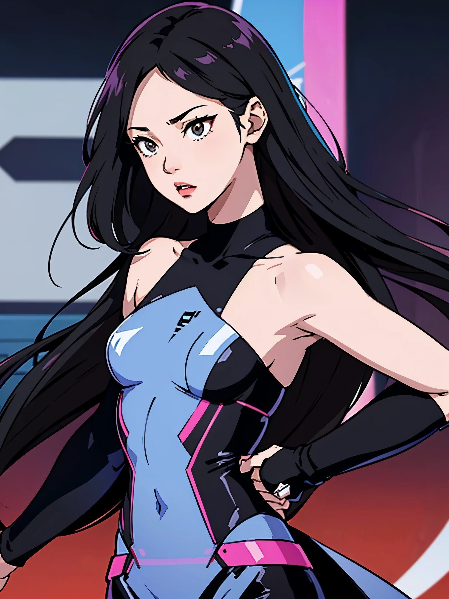 digital art drawing, illustration of (girl, long dark black hair mid part, brown eyes, sexy facial expression, flat chest, light blue corsette, single arm black sleeve, cyberpunk background), anime drawing/art, bold linework, illustration, digital art, masterpiece, flat illustration, no shadows, 8k resolution, high detail, vector art, only anime, perfect eyes, perfect hands, perfect fingers, sharpness, high clarity, medium close up, high fidelity