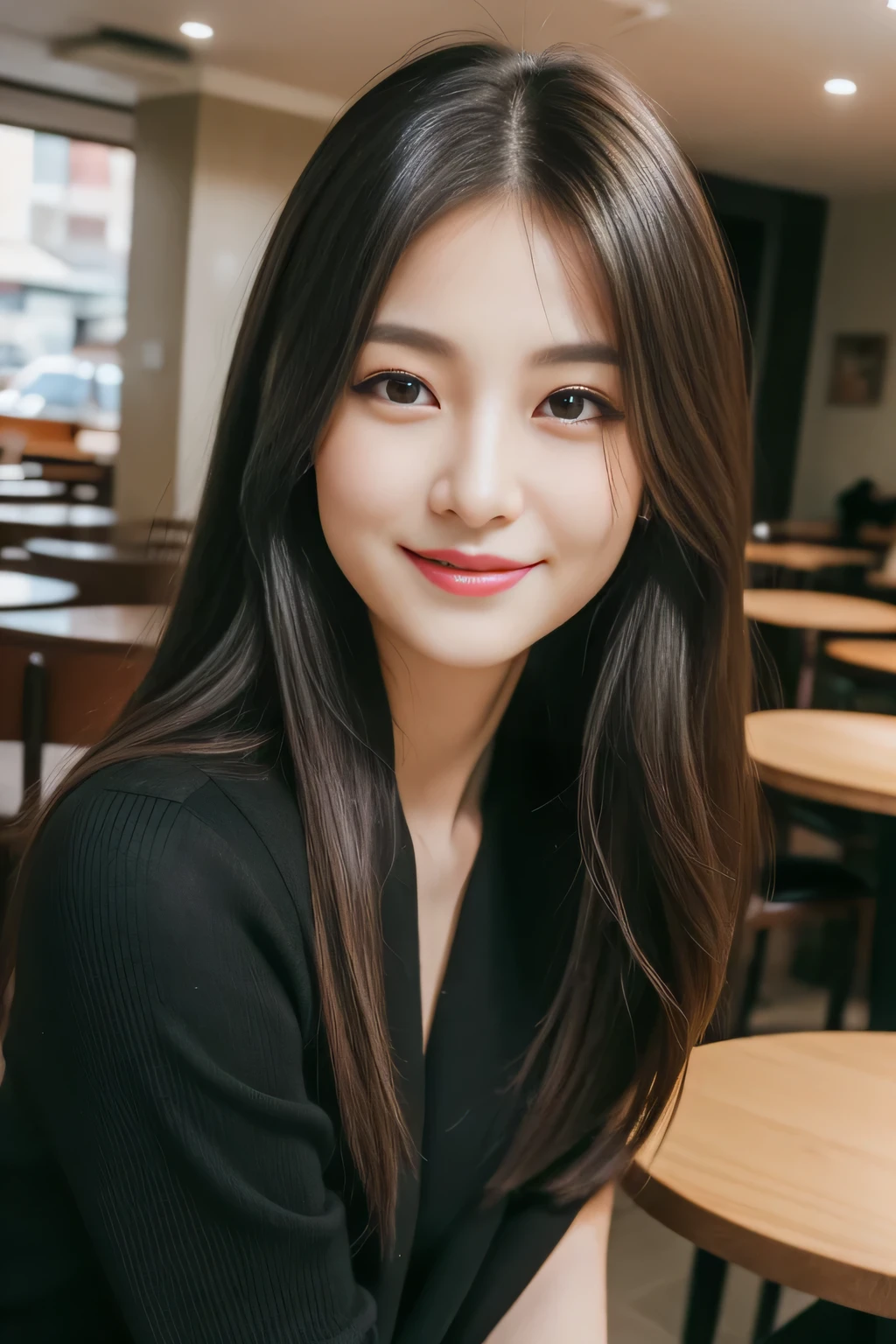 ((highest quality, 8k, masterpiece: 1.3)), beautiful girl, Pure, Melon face, Kind and cute, Cute smile, Pure desire, Slender body, (front), (Tilt your head), ((looking at the camera) ), Wearing a dark suit, Light brown silky long hair, Long, flowing shoulders, Big, round, black eyes, Clear, big eyes, Moist red lips, sweet, Sitting in a chair, Cafe Background ,(((West Shot))),,
