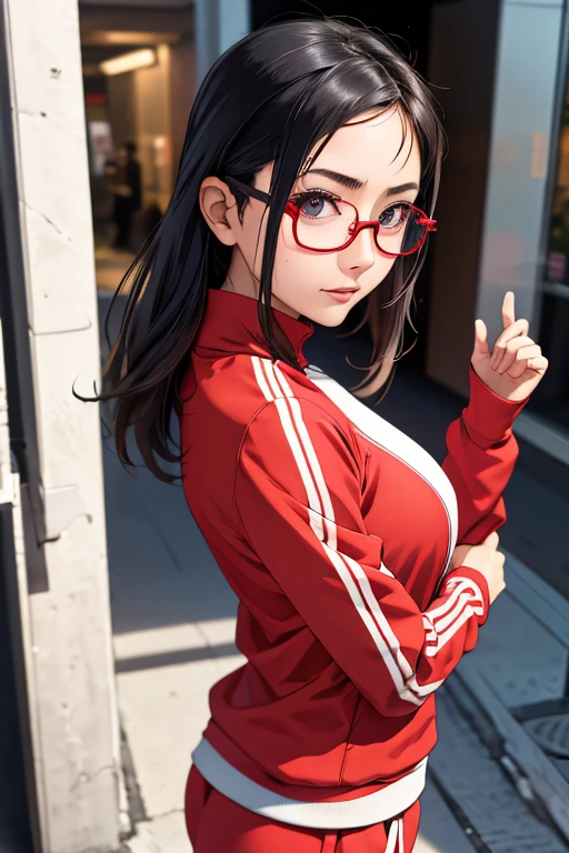 (masterpiece, highest quality), One Girl, Satou, Satou, Glasses, 赤いフレームのGlasses, Under-rim eyewear, Satou, Glasses, 赤いフレームのGlasses, Under-rim eyewear, Track jacket, Track pants