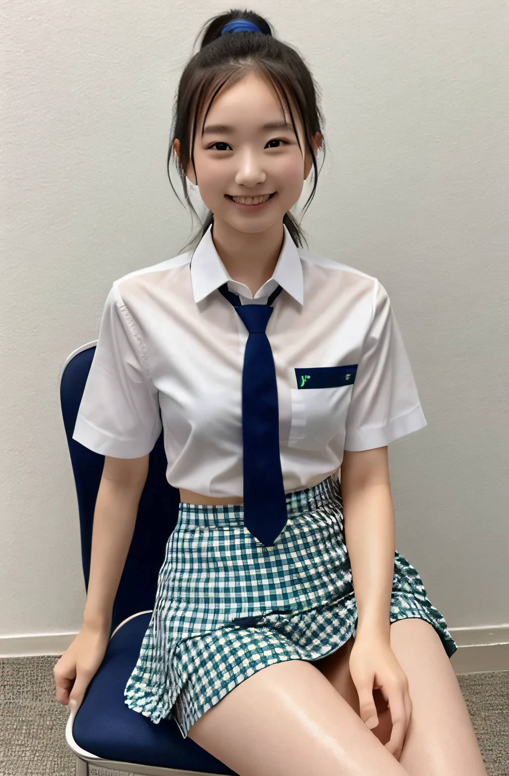 18-year-old、Japanese、Small breasts, , ponytail, Green checkered colored tie, Navy blue mini skirt, White shirt, Idol Sculpture, Wet, smile、Pink wall、Her underwear is slightly visible、sexy、slender、Sitting in a chair、Thighs