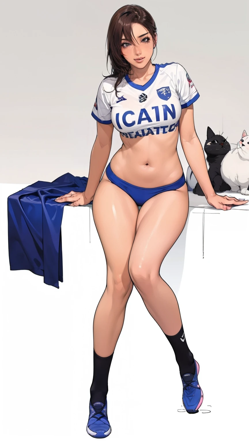 ((masterpiece)),(((best quality))),((Character Design Sheet)),((sketch)),((vulgar)),Thick thighs,1 girl,Big deal ,((Between breasts)),Cat Juice,Wearing wet sexy soccer uniform and soccer shoes,Half-lifted shirt,milking