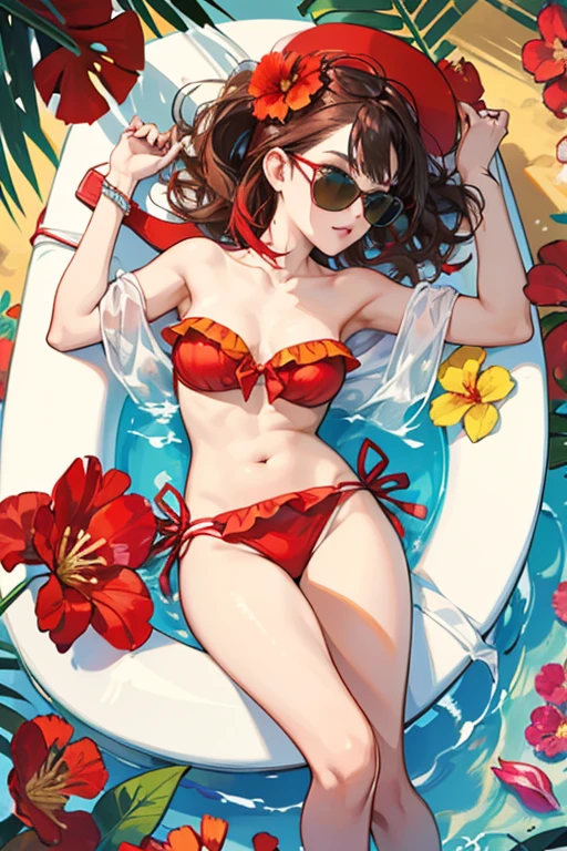 has her wearing strapless bikinis in shades of red, yellow, or green with a red flower at the center of her bikini top and white sandals with the same red flower on top of each strap. SPARKLE; GLITTER