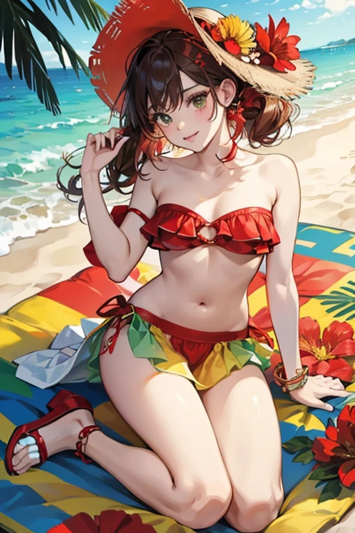 has her wearing strapless bikinis in shades of red, yellow, or green with a red flower at the center of her bikini top and white sandals with the same red flower on top of each strap. SPARKLE; GLITTER