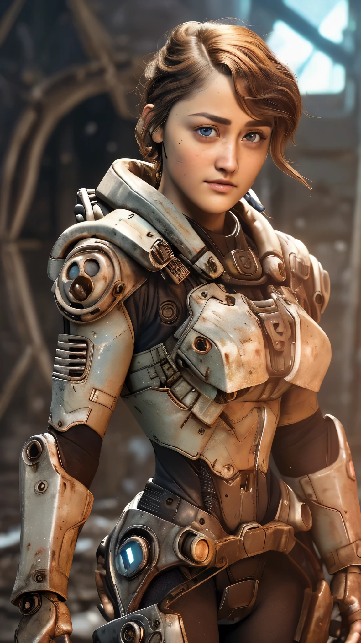 (La mejor calidad,A high resolution,Ultra - detallado,actual),Ella Purnell linda y nerd, pelo negro ondulado atado en una cola de caballo, (wearing a blue vault suit from Fallout 4 with lots of details and slits), Cara de alto detalle, Piel de alto detalle, seductive expression, cuerpo perfecto, proporciones perfectas, a nuclear wasteland background with scattered ruins, alta calidad, Obra maestra, foto realista, intrincadamente detallado, 8k, hdr, poca profundidad de campo, luz amplia, alto contraste, Iluminar desde el fondo, Sharp focus, Foto en color crudo, Looking to the camera, cold colors, dynamic poses, (al estilo de Fallout 4:1.4) , (Detalles de la cara: 1.5, ojos azules brillantes, hermoso rostro, ojos bonitos, Contorno del iris, labios delgados: 1.5, Thin, sharp pale eyebrows, Long, dark eyelashes, double tabs),(Ella Purnell:1.4), (Ella Purnell V2.1), (colores brillantes), (Cinematic V2.1) 
