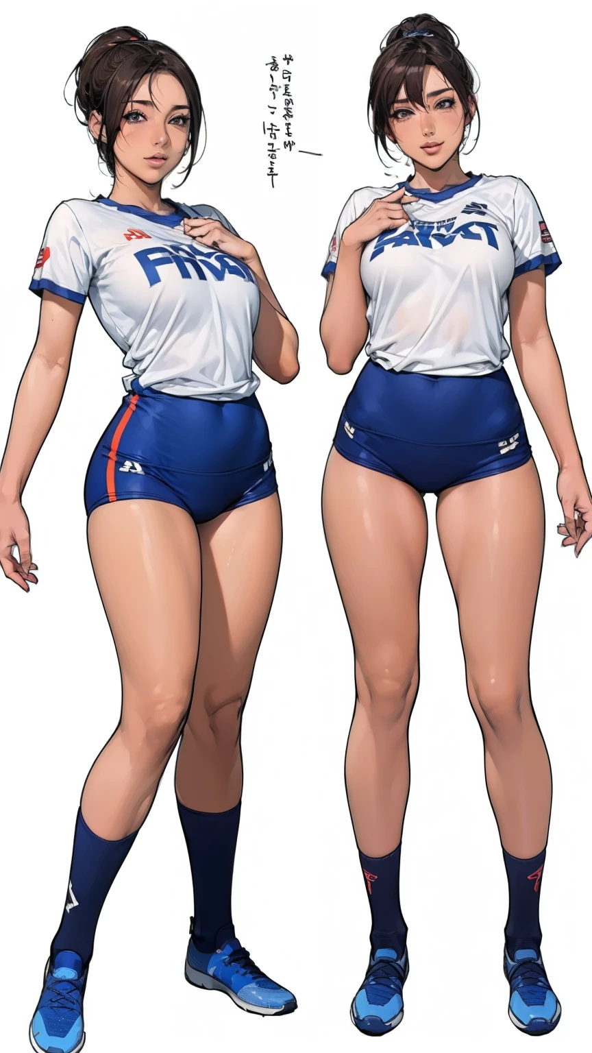 ((masterpiece)),(((best quality))),((Character Design Sheet)),((sketch)),((vulgar)),Thick thighs,1 girl,Big deal ,((Between breasts)),Cat Juice,Wearing wet sexy soccer uniform and soccer shoes,Half-lifted shirt,milking