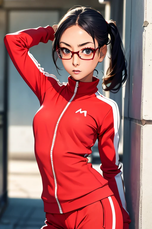 (masterpiece, highest quality), One Girl, Satou, Satou, Glasses, 赤いフレームのGlasses, Under-rim eyewear, Satou, Glasses, 赤いフレームのGlasses, Under-rim eyewear, Track jacket, Track pants