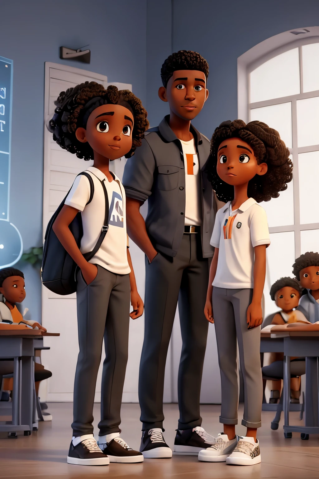 um garoto negro com cabelo crespo e com 1,60 tall wearing white high top sneakers, gray pants and a white school blouse,vendo sua namorada com 1,58 tall, facing towards you, light brunette with brown curly hair, kissing a 2 meter tall black man with a written title