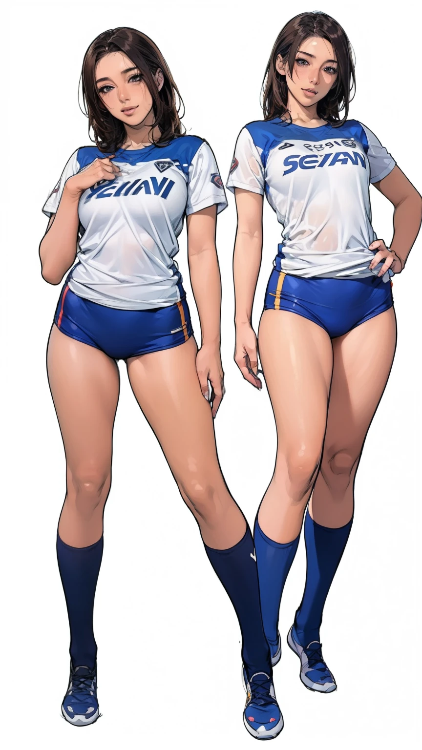 ((masterpiece)),(((best quality))),((Character Design Sheet)),((sketch)),((vulgar)),Thick thighs,1 girl,Big deal ,((Between breasts)),Cat Juice,Wearing wet sexy soccer uniform and soccer shoes,Half-lifted shirt,milking