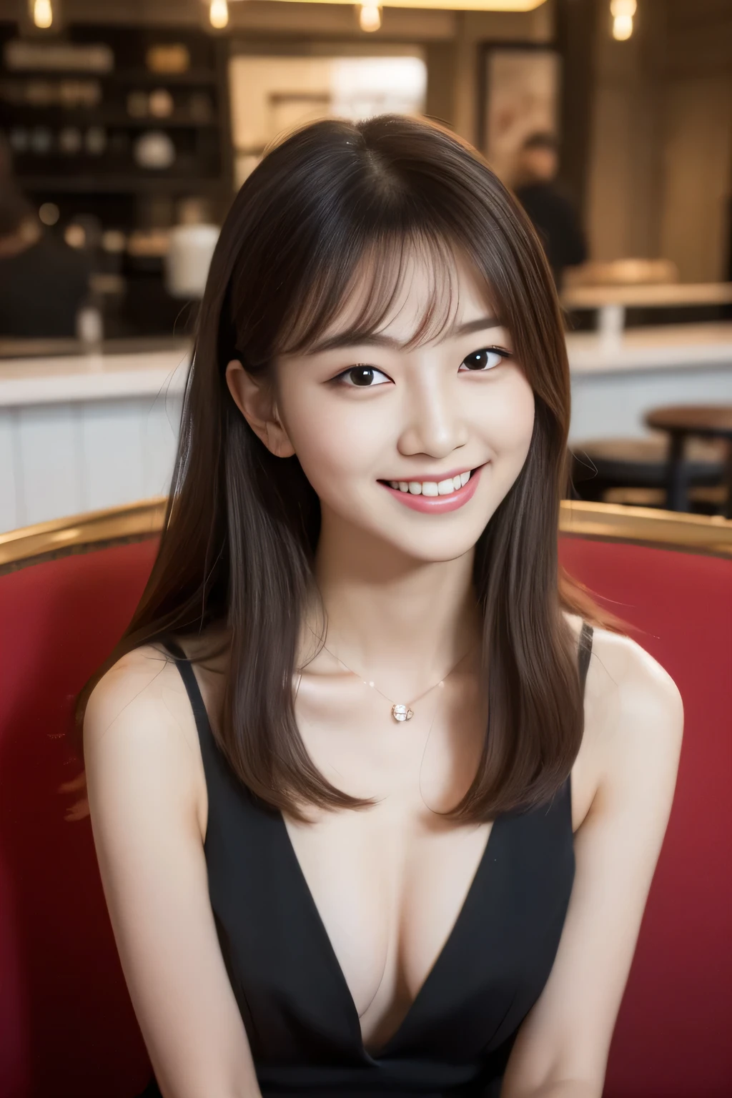 ((highest quality, 8k, masterpiece: 1.3)), beautiful girl, Pure, Melon face, Kind and cute, Cute smile, Pure desire, Slender body, (front), (Tilt your head), ((looking at the camera) ), Wearing a dark suit, Light brown silky long hair, Long, flowing shoulders, Big, round, black eyes, Clear, big eyes, Moist red lips, sweet, Sitting in a chair, Cafe Background ,(((West Shot))),,