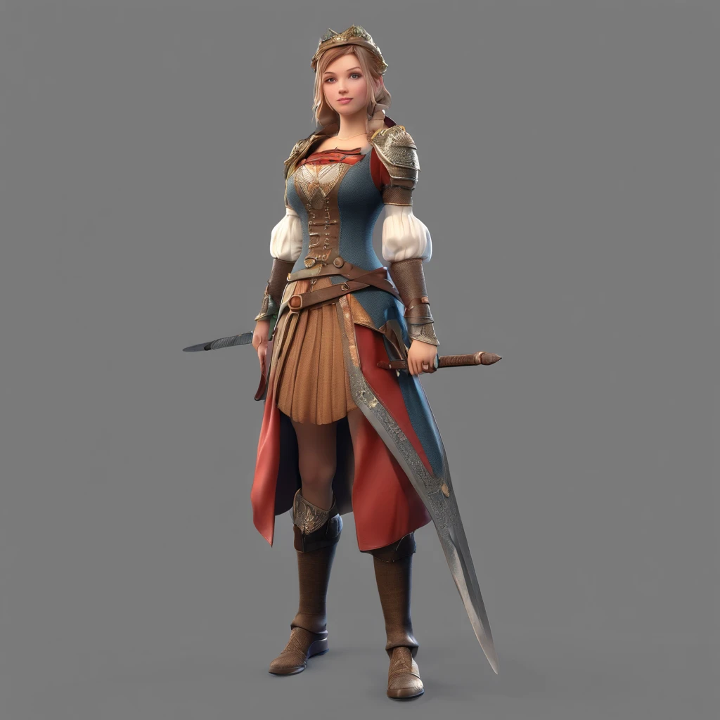 (best quality,ultra-detailed),(realistic,photorealistic,photo-realistic),anime style,girl,medieval,European,fantasy,skirt,sword,standing,full body,from below