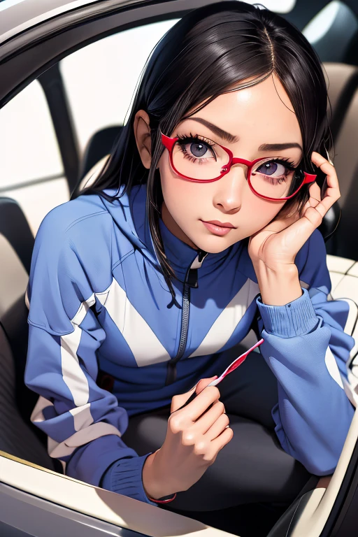 (masterpiece, highest quality), One Girl,  Satou, Satou, Glasses, 赤いフレームのGlasses, Under-rim eyewear, Satou, Glasses, 赤いフレームのGlasses, Under-rim eyewear, Track jacket, Track pants