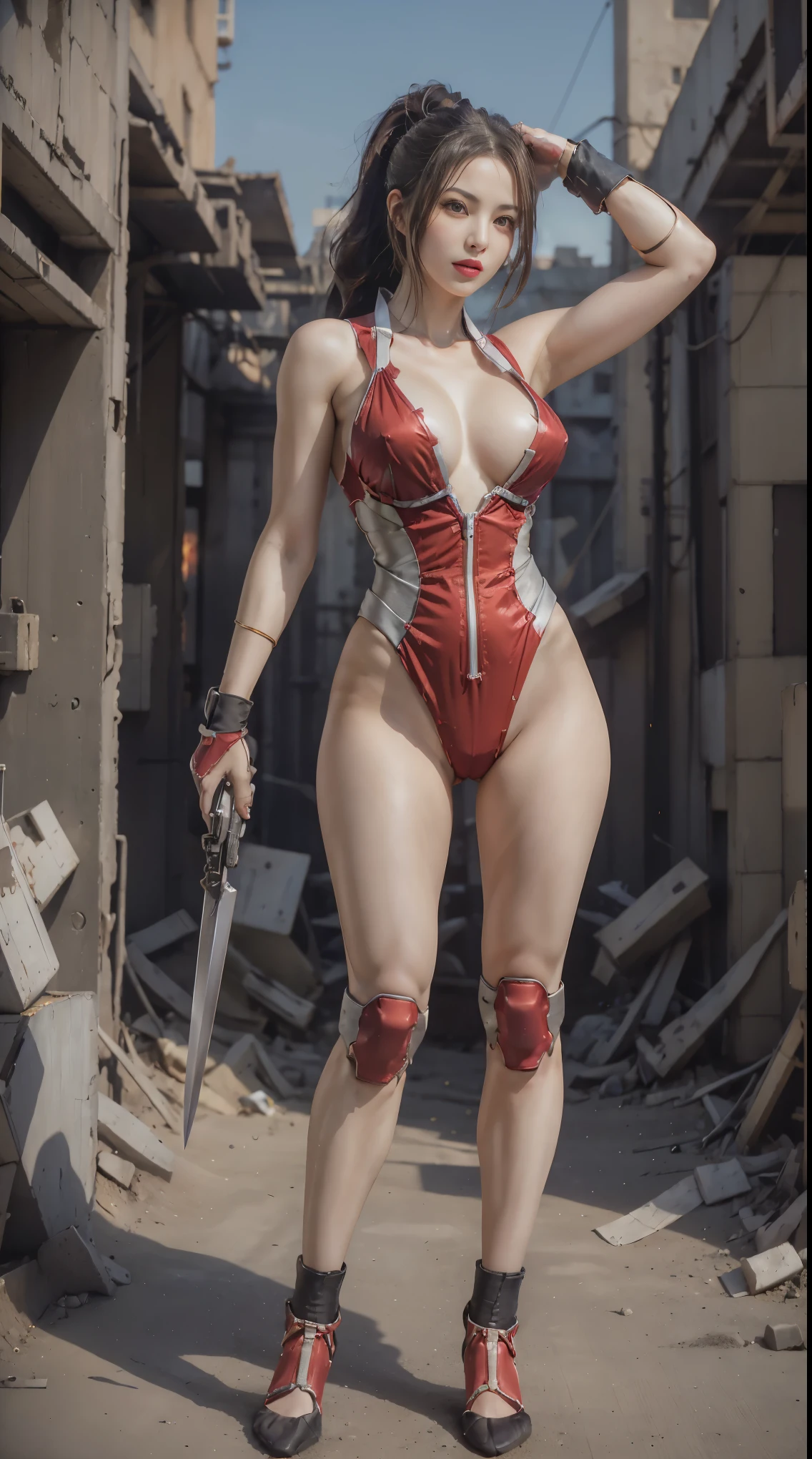 lifelike, high resolution, Soft Light,1 female, Solitary, Hips up, (Delicate face), Long hair, Huge breasts, Mecha Girl, Mechanical parts box,Very large , United, Single robotic arm, have, Mechanical Halo, Very huge breasts,hello star, Electromechanical jumpsuit, Mecha corset,, smokes, Big breasts excite the audience,Low-cut,machine gun,For the audience,Very huge ,,sword,gun,knife,手gun,radio,missile,airplane,ruins, Mechanical Limbal Arm,Destroyed buildings,struggle,fire,balls of fire,explode,fireworks,bombing,high tech,future,dust,dust飞扬,ponytail