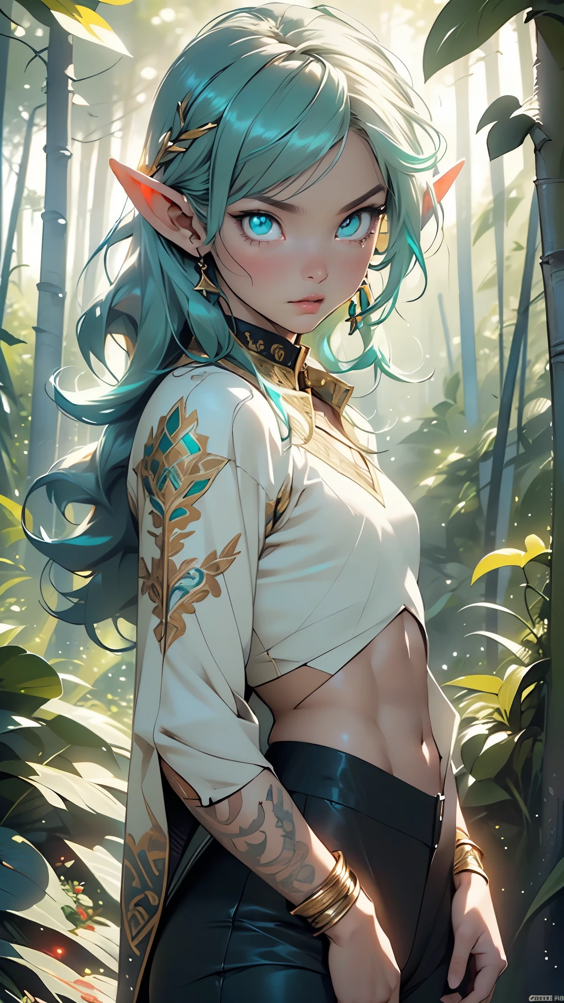 1female, sexy, young teen, finely detailed lavender eyes, wild long hair, braided hair, seashell white color, adventurer gear, crop top sweater, baggy combat pants, night time, dark forest, excited expression, flowers, blushing, leaning on a tree, lanturns