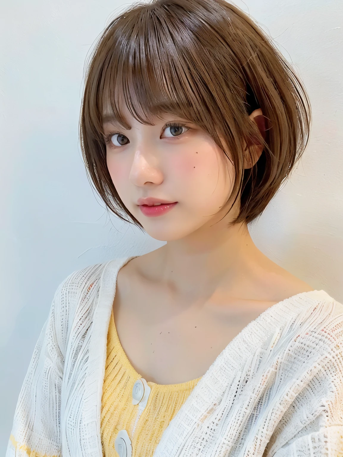 Stylish spring clothes、fluffy hair、(背景にWhite wall、Yellow Cardigan:1.4)、White wall、In front of a white door、(窓のあるWhite wallの部屋)、((highest quality、8k、masterpiece:1.3))、Ultra-high resolution、(photoGenuineistic:1.4)、RAW Photos、Japanese,(Detailed aspect)、Genuine、Photographed in natural light、Highly detailed face and skin texture、Highly detailed lips、The correct state of the human body、Short Hair、Brown Hair、Various poses、short hair、Shortcuts、Natural color lip、Pixie Cut、非常にShort Hair、profile、Look to the side