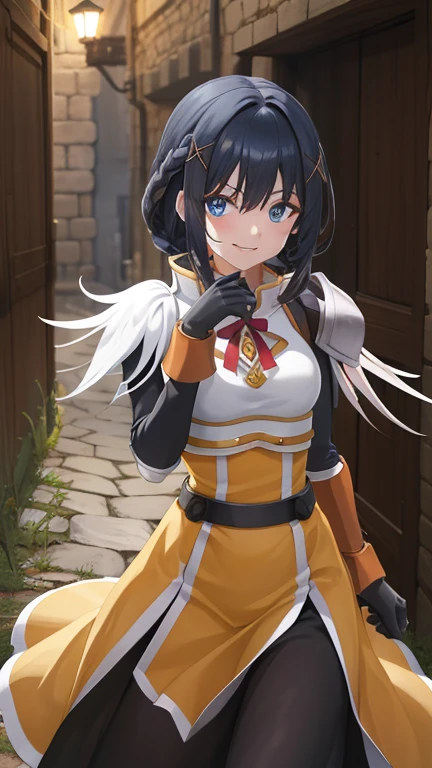 mejor calidad, high resolution, 1 chica, pelo largo, pelo rubio, x adorno para el pelo, armadura, blue eyes, cola de caballo, adorno para el pelo, guantes, shoulder armadura, trenza, black guantes, hombreras, botas blancas, oscuridad \(konosuba\), ((pechos grandes)), ((pechos enormes)), tiro de vaquero, dark alley and city , sonrisa,