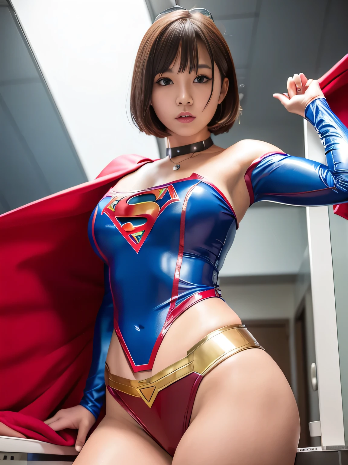 masterpiece、Enamel Supergirl Costume、Short Hair、Hospital operating table、Crisis situation、Big and ample breasts、looking at the camera、Shiny、Off the shoulder、choker、Long sleeve、Red exy poses to seduce、Sweaty、Model Body Type、Alluring、charm、Enchanting、Abused、test subject、victim、Wild、Photorealistic、latex、